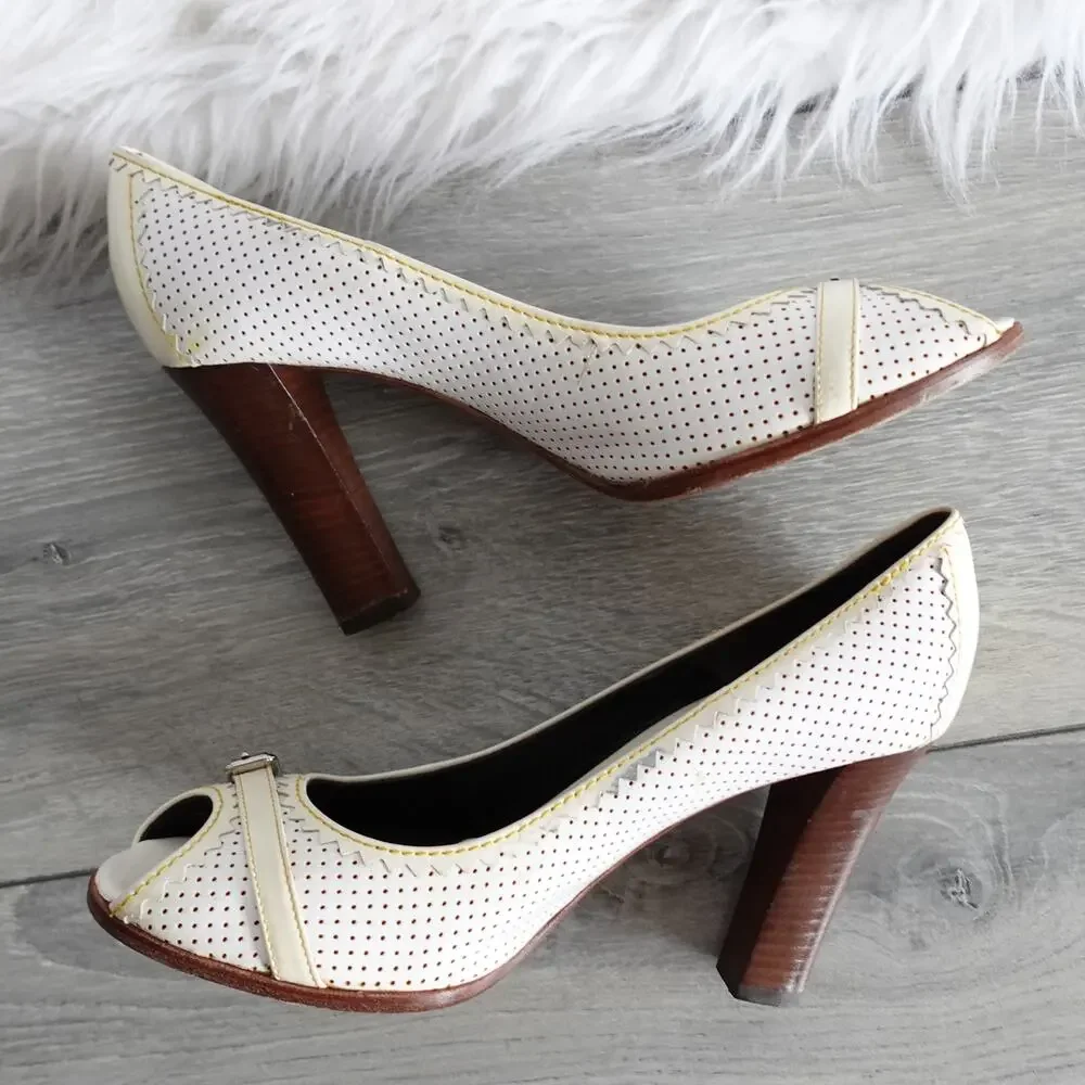 Fendi White and Cream Patent Leather Peep-Toe Heels